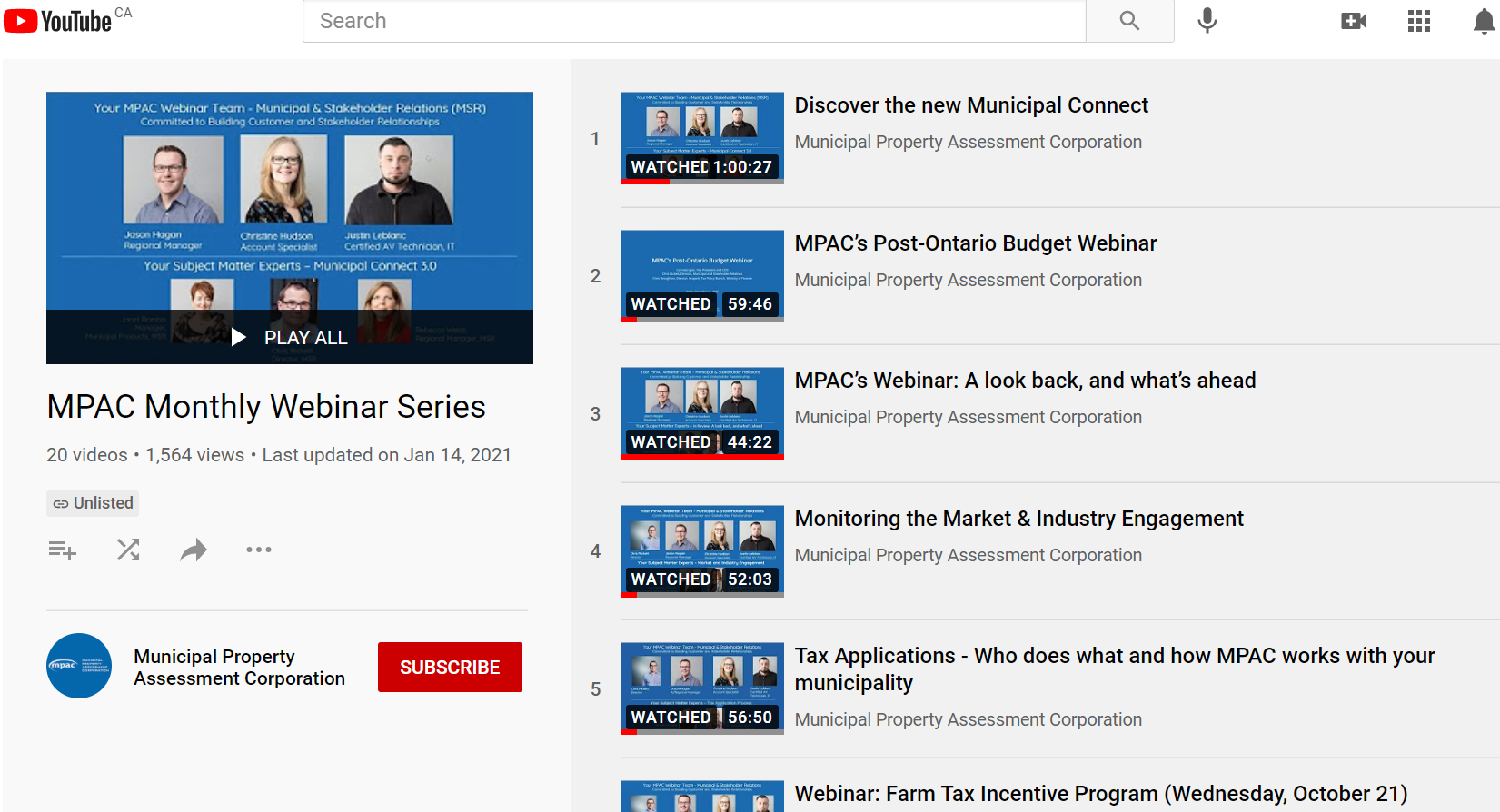 Overview of YouTube playlist of municipal webinar recordings